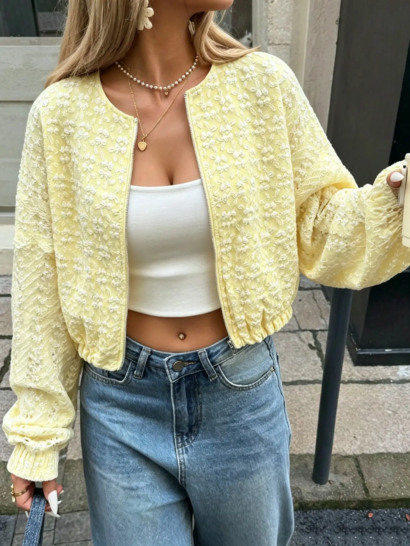Pale Yellow 3D Raised Floral Lace Zip Up Cropped Bomber Jacket | Y2K Street Style, Coffee Date Outfit, Daily OOTD, Casual Weekend Wear, Girls Spring Summer Outerwear, Instagram Aesthetic Look, City Walk Outfit, Soft Girl Fashion