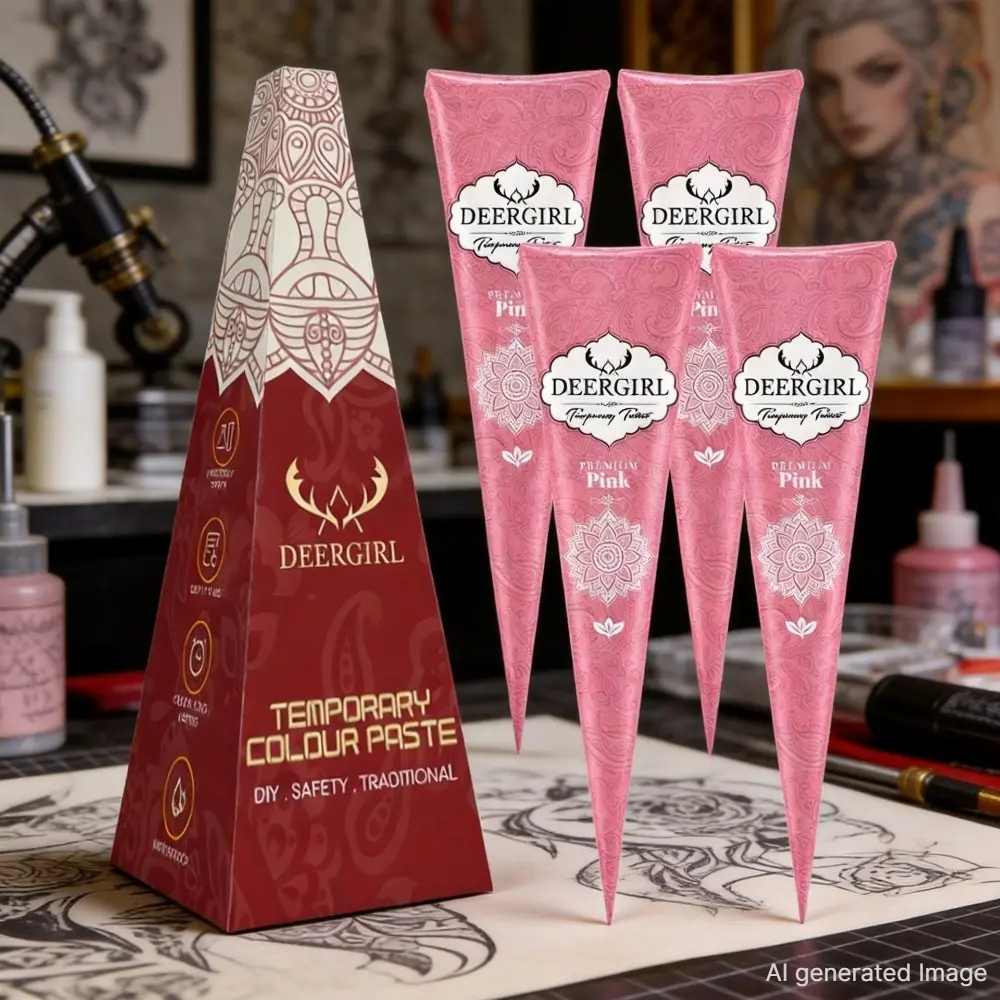 DEERGIRL Pink Henna Tattoo Paste Cones, 4Pcs Cosmetic Temporary Tattoo Color Paste, Natural Safe DIY Body Art Body Makeup Mehndi Cone for Wedding Festival Temporary Skin Tattoo Sticker, Long Lasting Waterproof Henna Kit