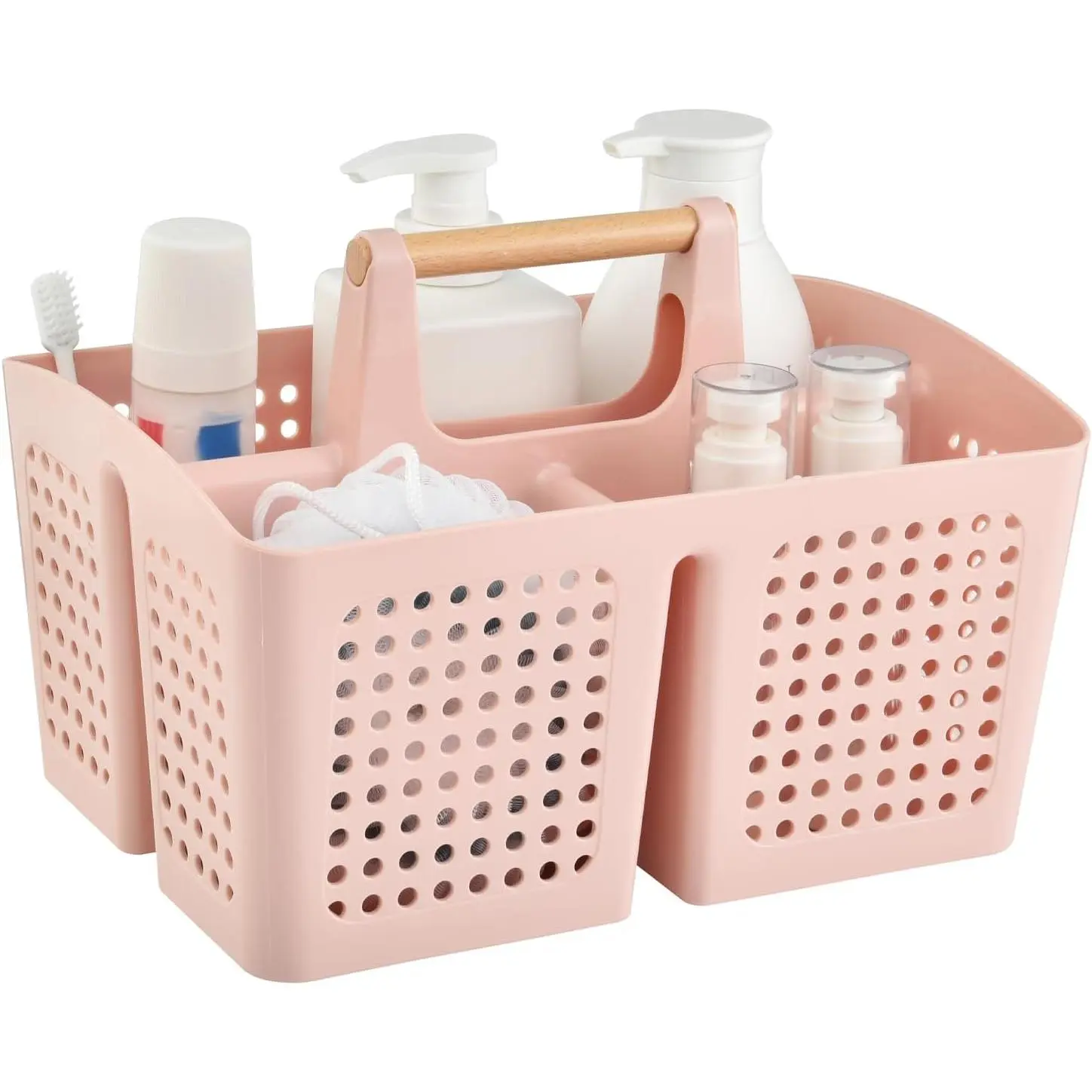 Portable Shower Caddy Basket with Wood Handle, 3-Compartment Bathroom Organizer Tote with Drain Holes, Plastic Shower Basket for Dorm, Toiletries, Cleaning Supplies, Pink