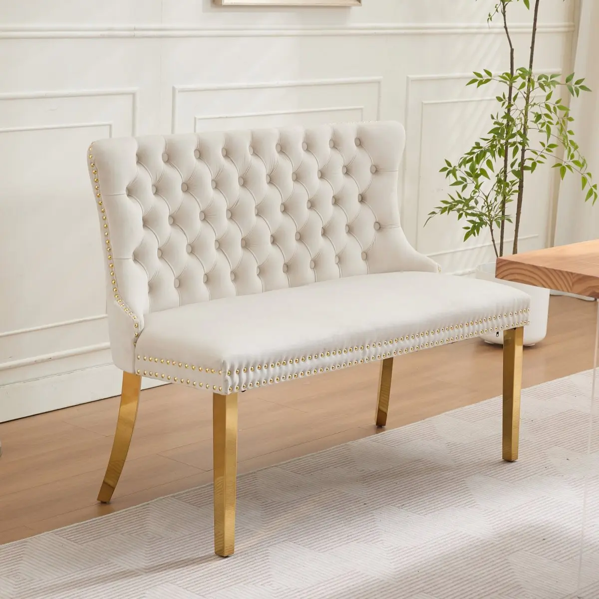 Velvet Double Dining Loveseat Bench, Kitchen & Dining Seating, 2-Seat Tufted Bench w/Handmade Buttons, Wing Back, Gold-Plated Steel Legs, Mid Century Modern,Single Pack,Beige, bench seats