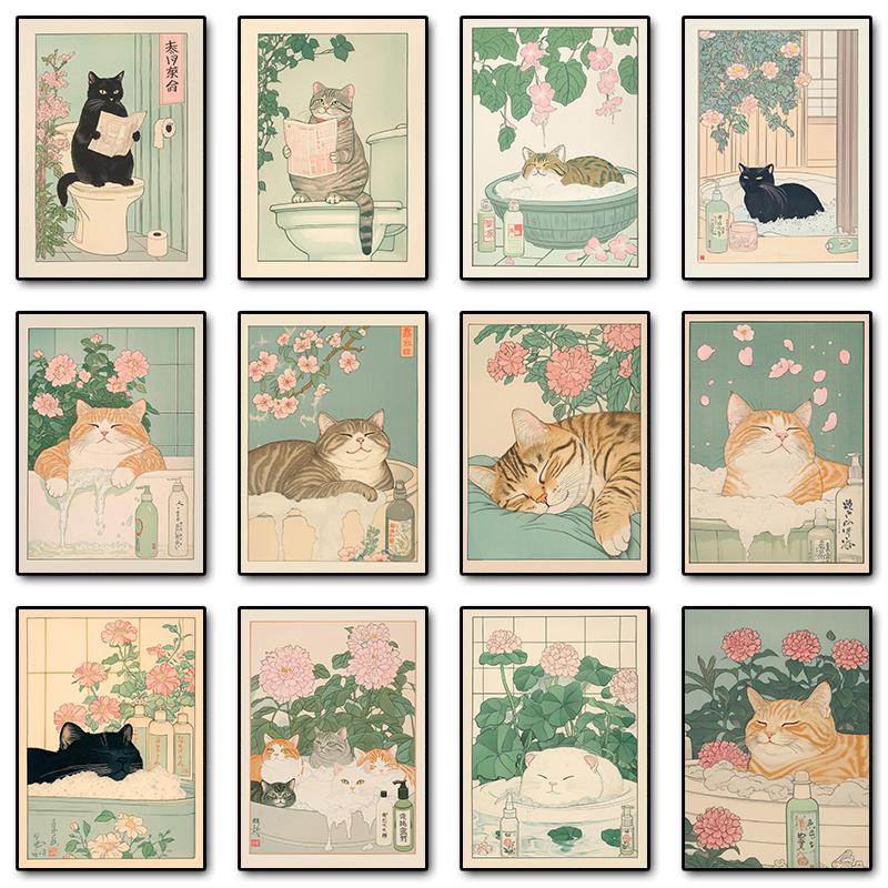 Japanese Tabby Cat in Bathtub Poster Prints Canvas Painting Retro Aesthetic Wall Art Picture Japandi Bathroom Toilet Home Decor Japanese Tabby Cat in Bathtub Poster Prints Canvas Painting Retro Aesthetic Wall Art Picture Japandi Bathroom Toilet Home Decor