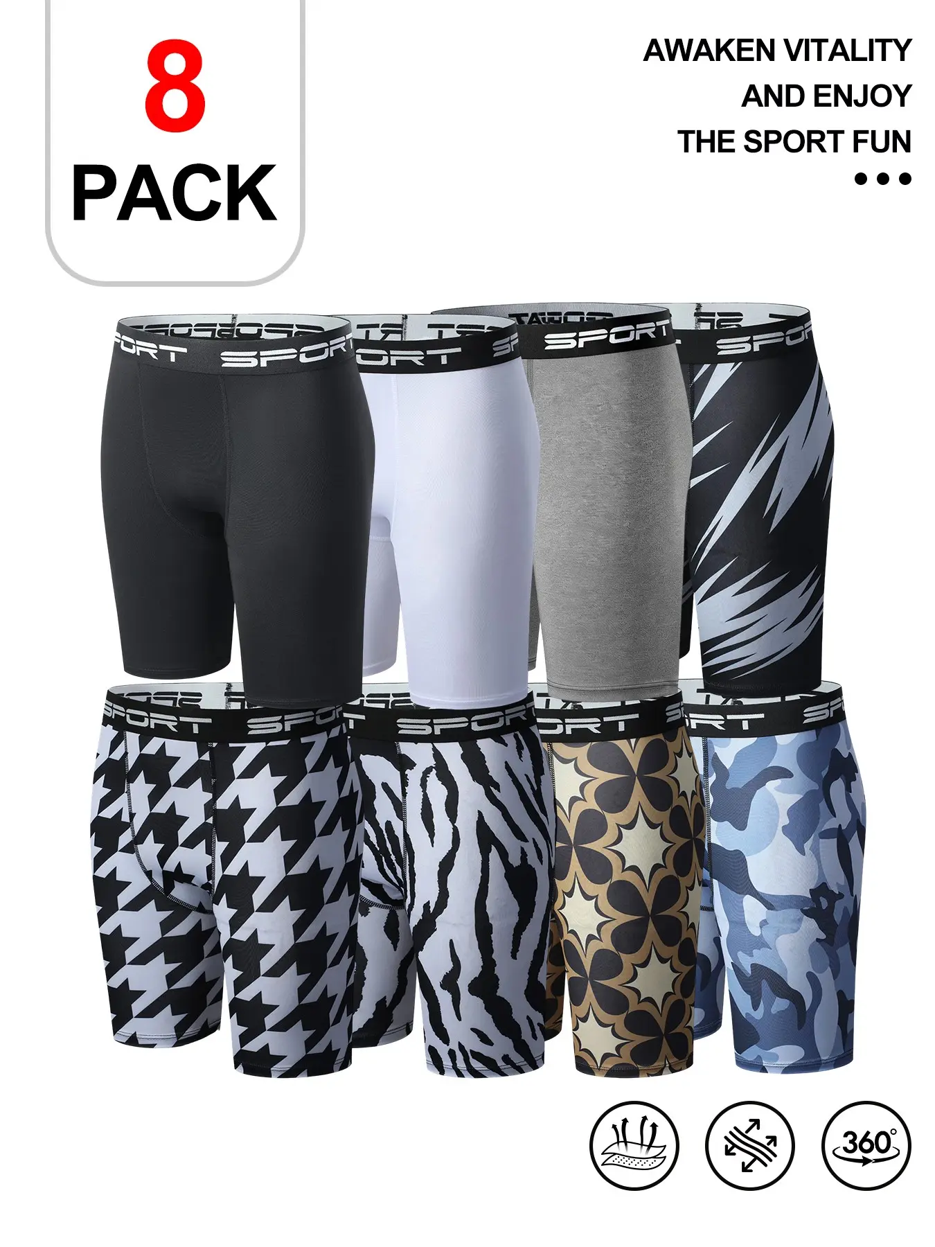 8pc Men's Tight Shorts, Swim Trunks, Three-Quarter Pants, Mixed Colors, Breathable Quick-Dry, Milk Silk, Sport Letter Waistband, Multi-Scene Use