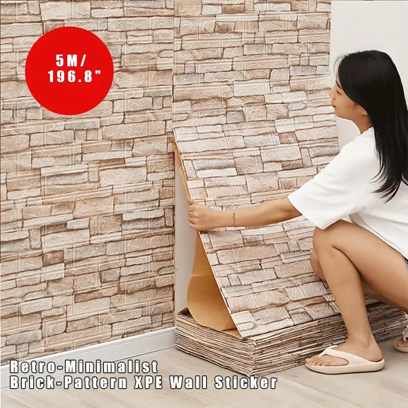 1 Roll, 3mm Thick, 3D Self-Adhesive Retro Simple Brick Pattern XPE Wall Sticker Easy to Peel and Stick Waterproof Oilproof Living Room Kitchen Bedroom Wallpaper Furniture Refurbishment Aesthetic Removable