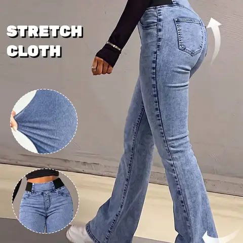 GILIPUR Women's Basic Solid Color Washed High Waist Elastic Waistband Flare Jeans, Slim Fit Tummy Control High Stretch Bell Bottom Denim Pants with Pockets, Casual Vintage Streetwear Daily Commute Vacation Outfits for Women TChic Flared