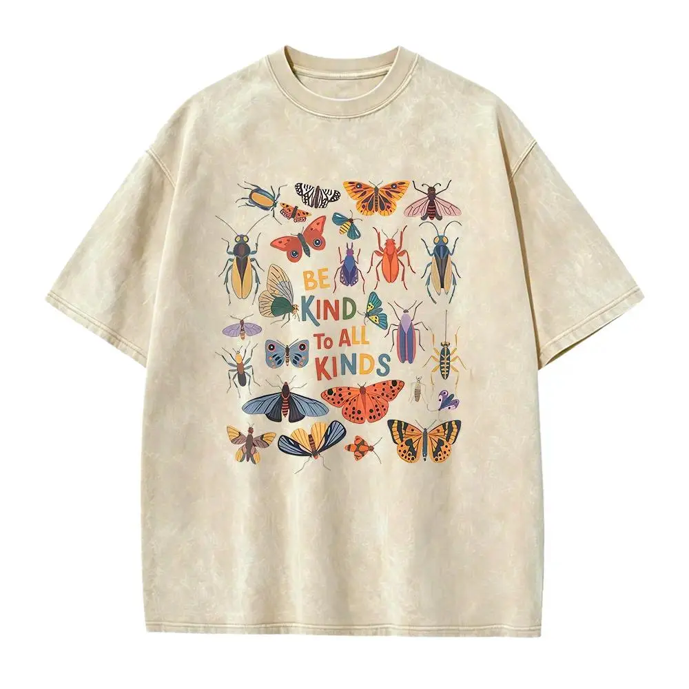 Oversized Tshirt Women Vintage Graphic Tees Be Kind To All Kinds Butterfly Bug Insect Graphic Tee, Camisetas de Mujeres Retro Colorful Nature Print Soft Washed Beige 100% Cotton Crew Neck T Shirts Women Graphic Tee