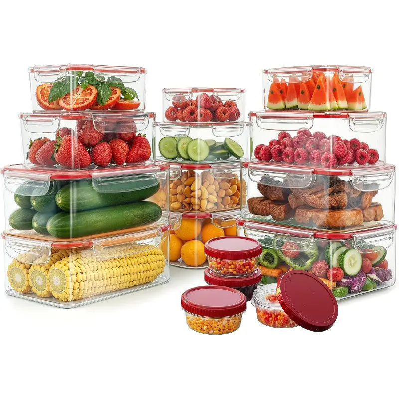 Kitchen Plastic Food Containers - Food Storage Containers with Airtight Lids - Reusable Lunch Boxes - Leak Proof (Red, Pack of 32)