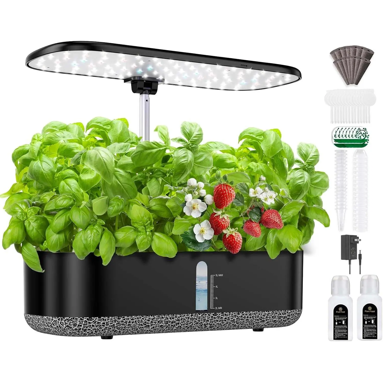 Hydroponics Growing System with LED Grow Light, 14 Pods Indoor  Garden Full  Rotatable Light Panel, Auto  Off Timing 12 14 16Hrs, 5L Water , Harvest  Basil Tomato (Black)