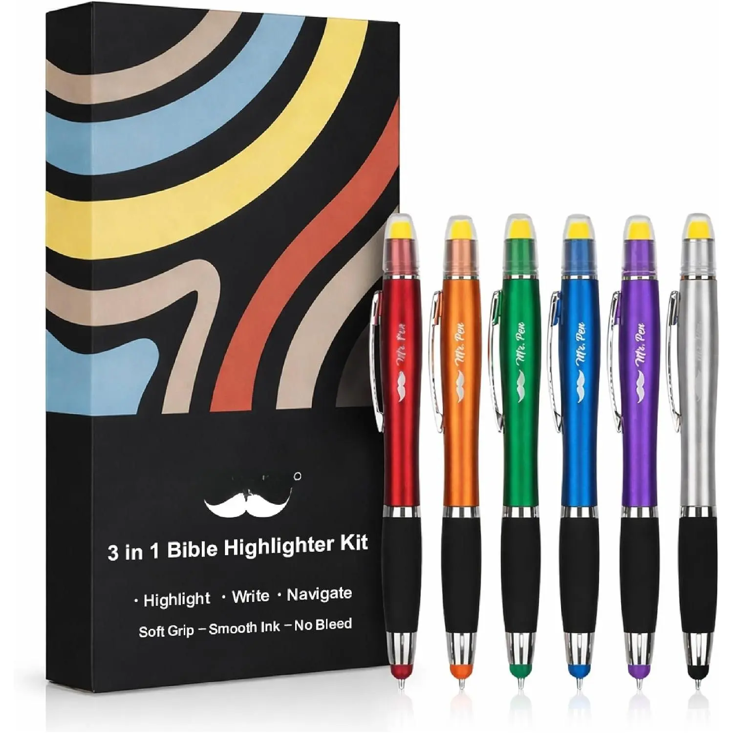 -  Highlighter with  and Stylus for Touchscreens, 3 in 1 | 6 Pack, Colorful , Black Ink Ballpoint Ink s, Yellow Wax Gel Highlighters