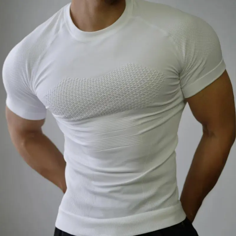 Men Seamless Compression Short Sleeve T-Shirt Quick Dry Stretchy Athletic Top Summer Running Training Gym Outdoor Workout Shirt