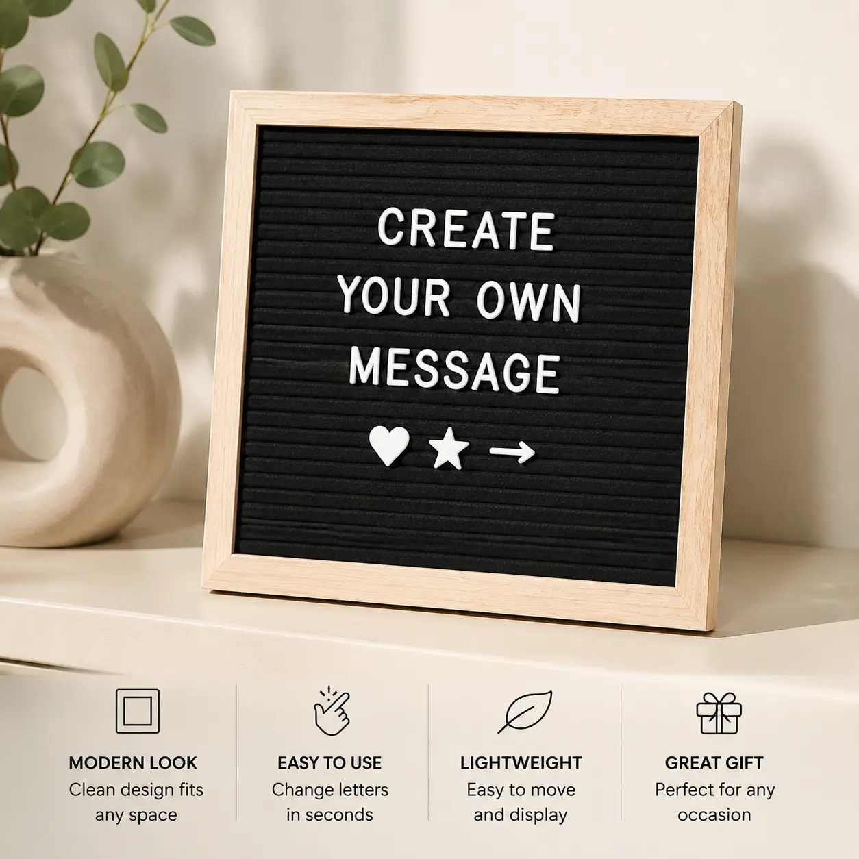 Premium Felt Letter Board Set with 294 Reusable Uppercase Letters, Numbers, and Punctuation Symbols — 10 x 10 Inch Modular Message Display Board in Natural Wooden Frame with Wall-Mount Hook for Home, Office, Café, or Classroom Use