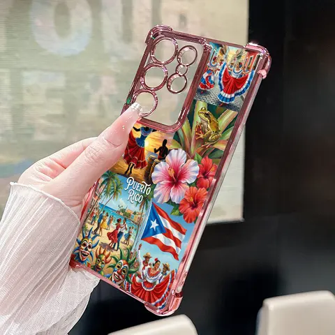 Puerto Rico Island Rhythm Pattern Electroplated Cellphone Casing for Samsung Galaxy Series - Shockproof Durable Protective Airbag Soft Silicone Cover, Compatible with S22+ S23 Ultra S24 Plus S25 S26 Edge Devices, Protector