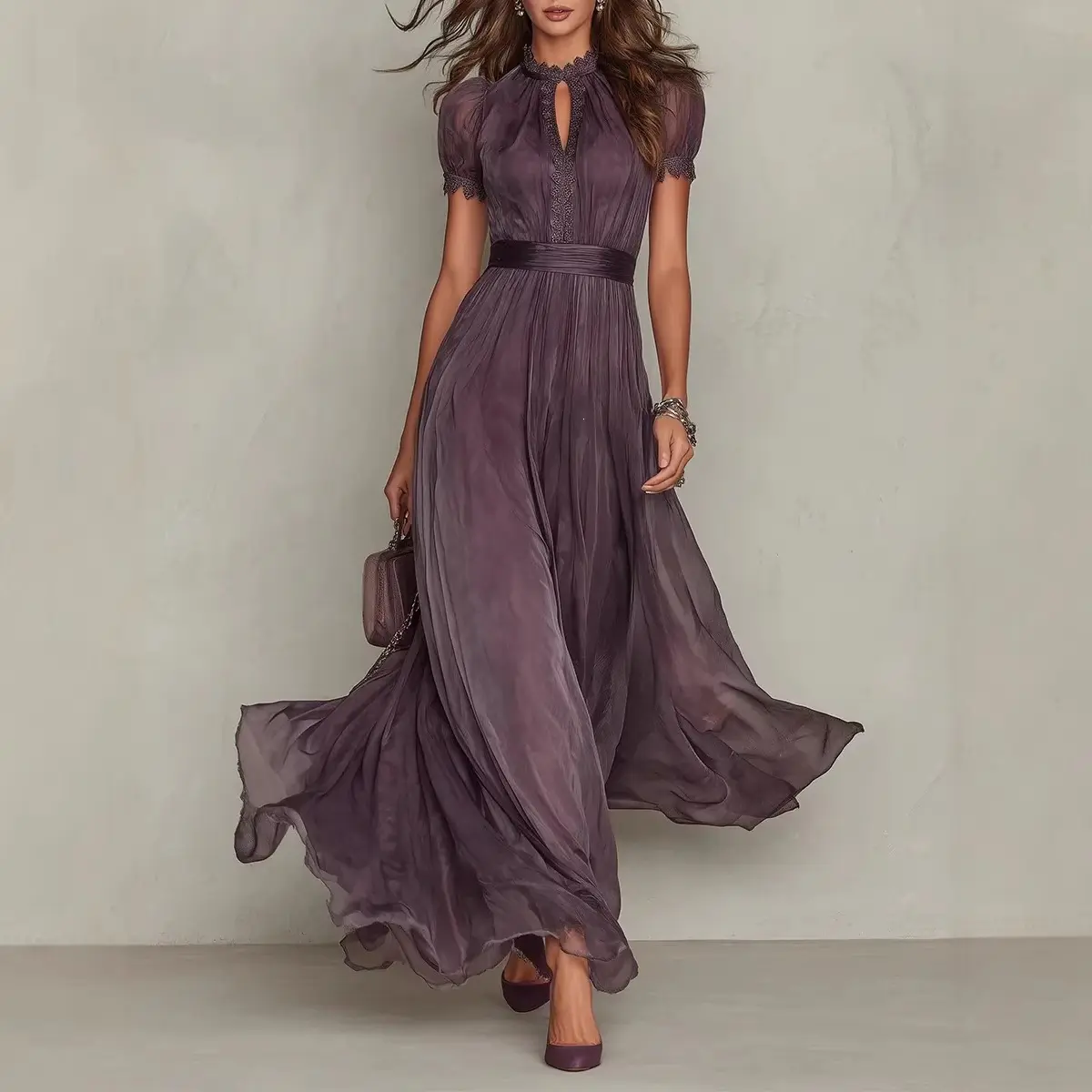 Women Chiffon Maxi Dress, V Neck Ruffle Short Sleeve Flowy Wedding Guest Formal Long Gown