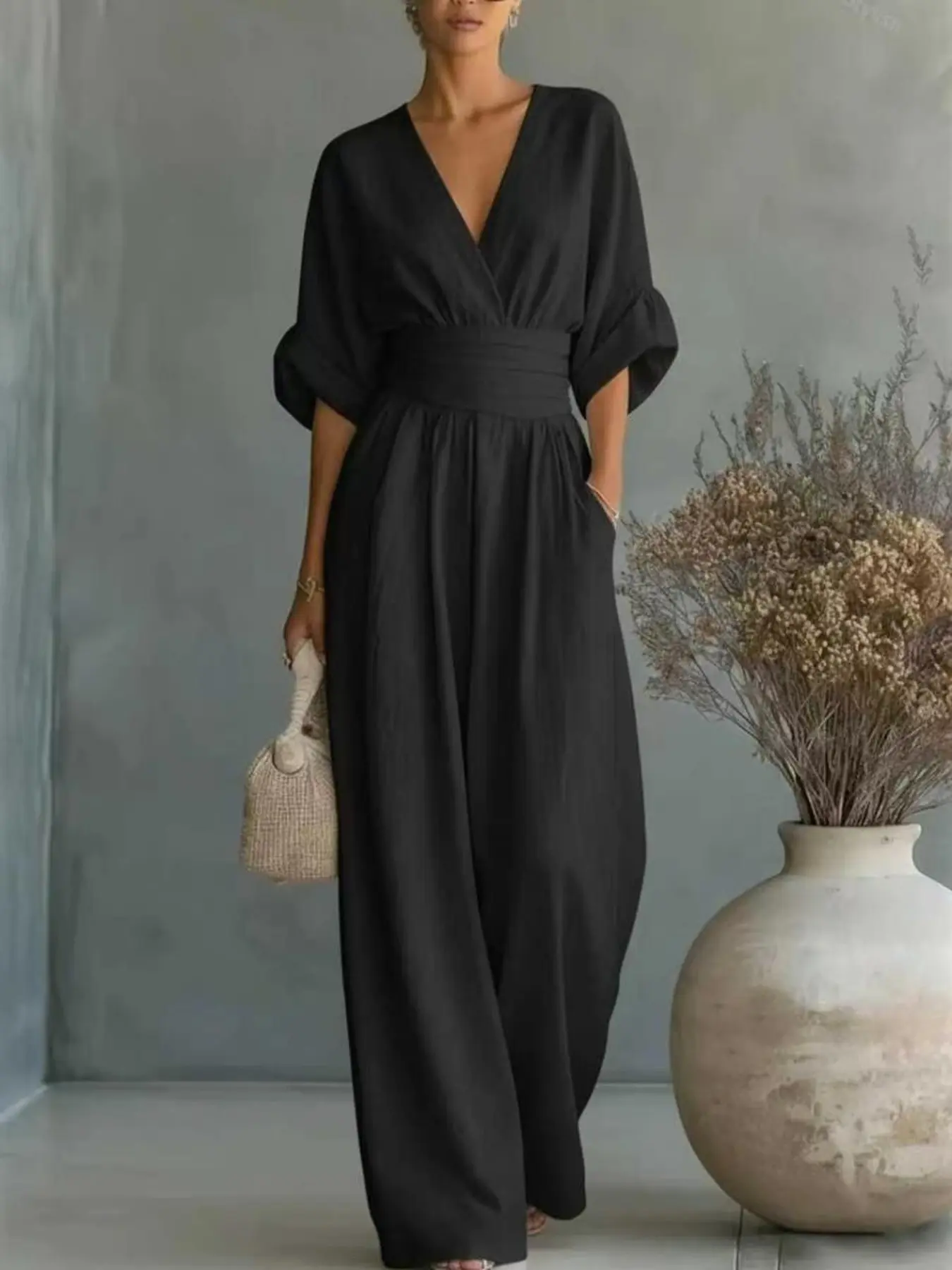 2026 Spring Summer Women's Jumpsuit, Elegant V Neck Waist Slim Fit, Minimalist Casual Breathable Lightweight Solid Color Fashion Romper, Ladies One Piece Pants