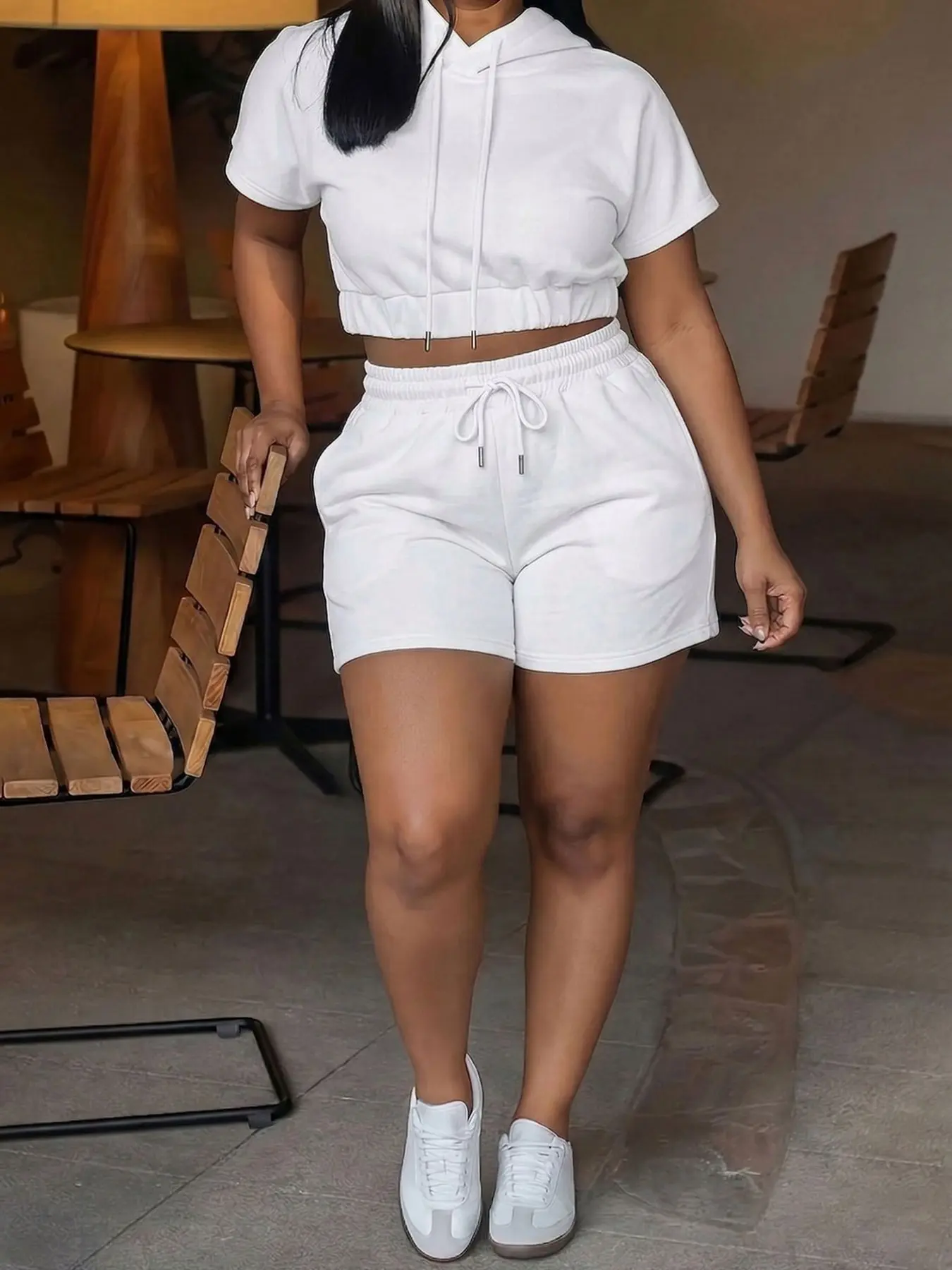 Women's Short Sleeve Hoodie and Shorts Matching Set, Basic Casual Loose Fit, Drawstring Hooded Sweatshirt + Elastic Waist Shorts, Spring Summer