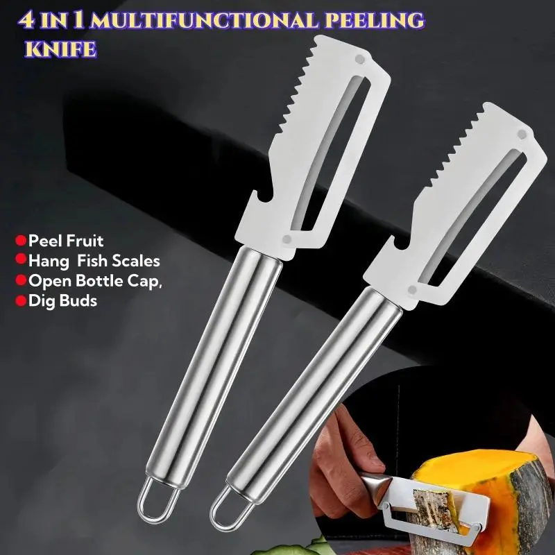 1Pcs Silver Stainless Steel Mango Cutter-Peeler, Practical Kitchen Utensils for Home Cooking, Easy and Fast Cutting Tool with Safe Pit Removal & Peeling, 20.00x4.00x2.00cm Multi-Functional Gadget