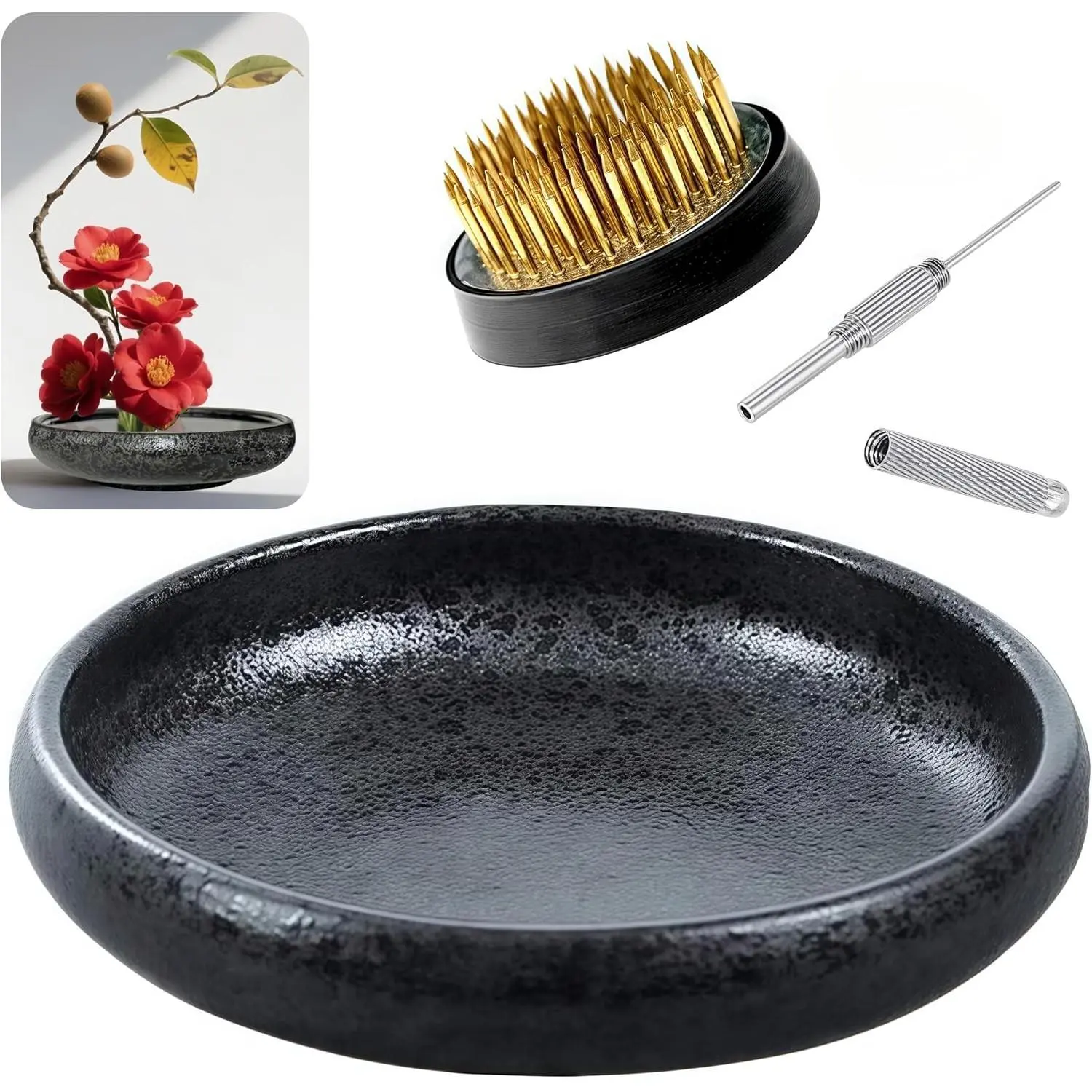 Japanese Ceramic Flower Vase Kit - Shallow Shape Frosted Spotted Finish Bowl, 1.57in Kenzan Flower Frog Needle Tool for Floristry Arrangement, Decor
