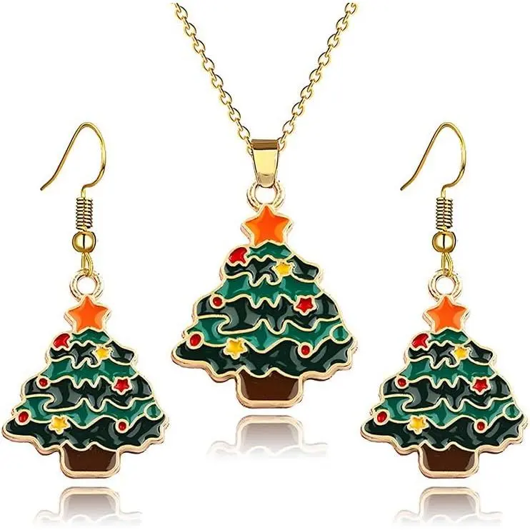 Christmas Tree Earring Necklace Set for Women Green Enamel Tree Earrings and Necklace Red Stars Balls  Plated  Party Gifts