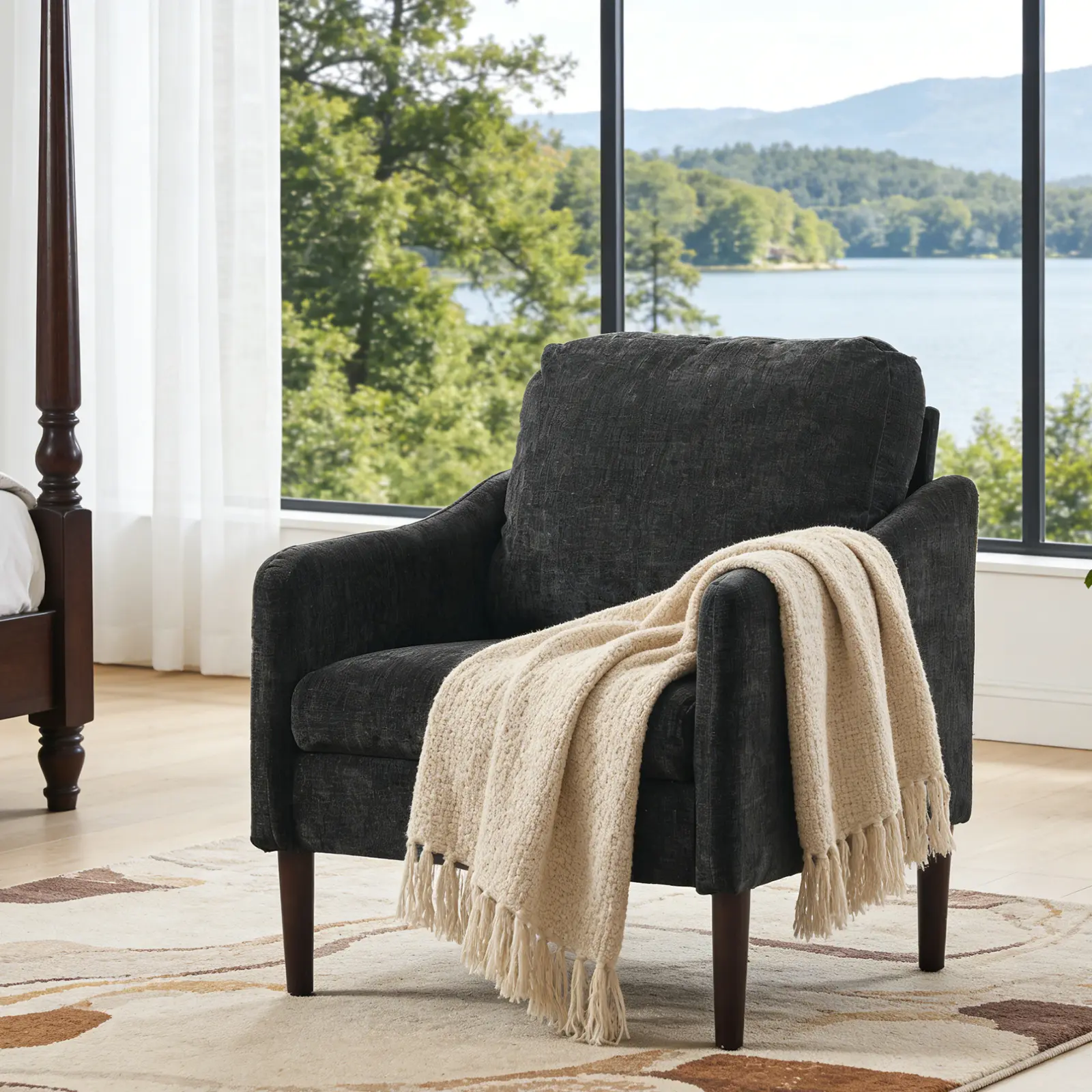 Removable Cover Chenille Corduroy Armchair - Modern Accent Lounge Chair with Pocket Spring Cushion, Cozy Single Sofa with Wooden Frame