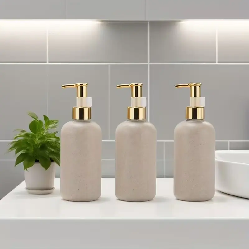 3-Piece 8.45oz/250ML Shower Soap Dispenser Set, Hair Care & Bath Gel Dispenser, Wheat Straw Color Hand Sanitizer Bottle, Gold Pump, Travel Size