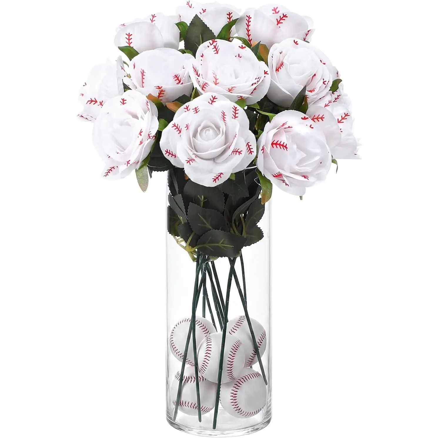 Suncalla 12 Pcs Baseball Rose with Leaves Bulk Artificial Fake Roses Decor Sports Flower Gifts for Table Centerpieces Graduation Wedding Gifts Sports Theme Rose Bouquet Party Favors