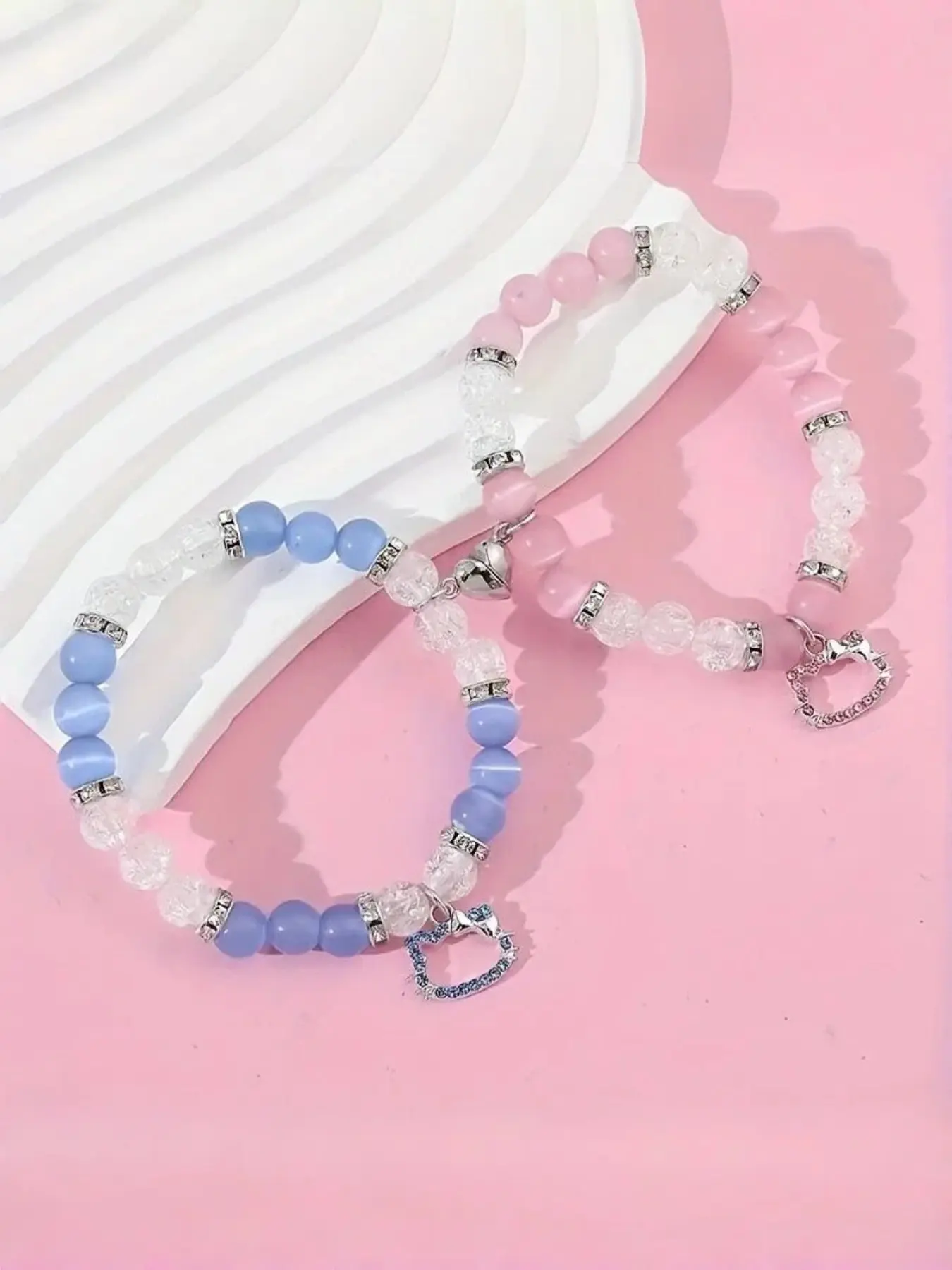 Magnetic Heart Cartoon Cat Couple Bracelet, Matching Bracelet, Natural Cat Eye Stone Beaded Pendant, Fashion Gift Set for Valentine's Day, Christmas, Birthday, Couples Bracelets