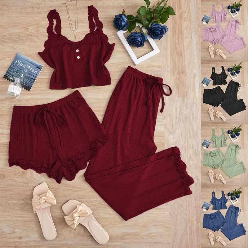 Women's Nylon Blend 2-in-1 Lace Trim Pajama Set - Sleeveless Camisole Neck Nightwear with Shorts/Pants, Solid Basic Sports Underwear Loungewear, Pajama Sets