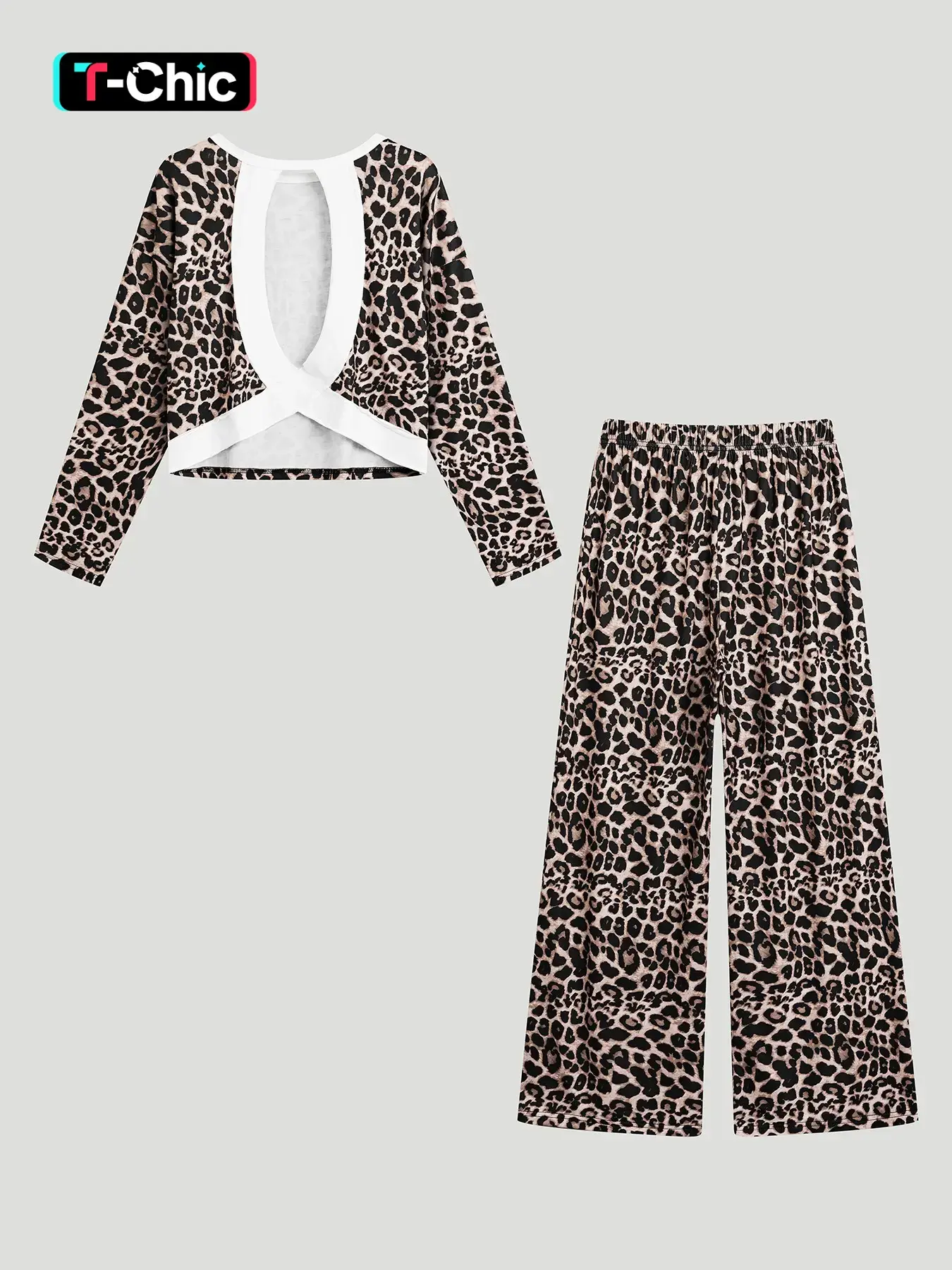 Women's Leopard Print 2 Piece Outfit Set, Criss Cross Cutout Back Long Sleeve Cropped Top & Drawstring Elastic Waist Wide Leg Pants, Versatile for Daily Errands Home Lounging and Casual Hangout Styling Looks