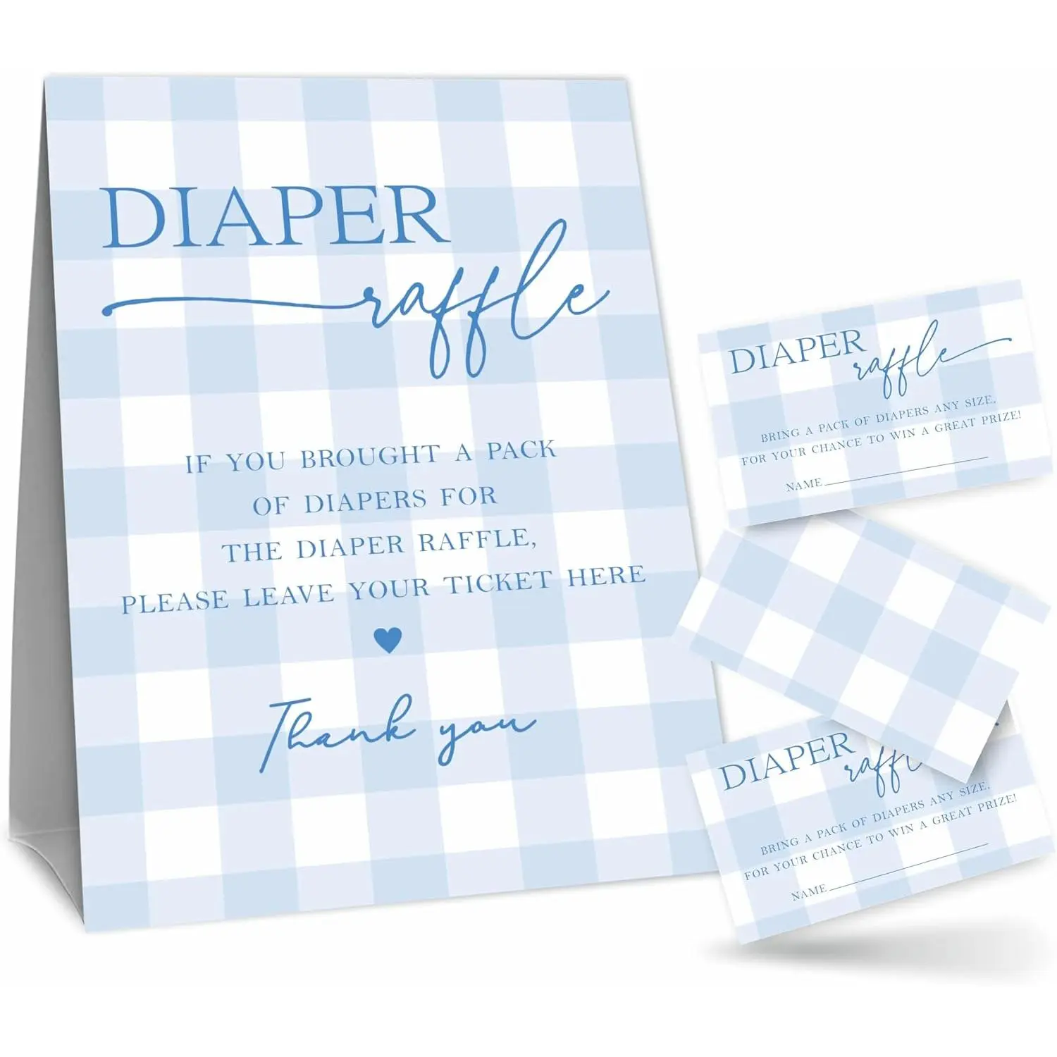 Diaper Raffle  Kit - 50 Diaper Raffle Tickets With 1 Standing Sign - Minimalism Blue Gingham Diaper Raffle -  Shower Gender Neutral  Party Decorations and Supplies - A07
