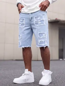 High-End Trendy Men's Summer Ripped Denim Shorts, Washed Vintage Five-Pocket Pants, Street Style Frayed Edge Casual Mid-Length