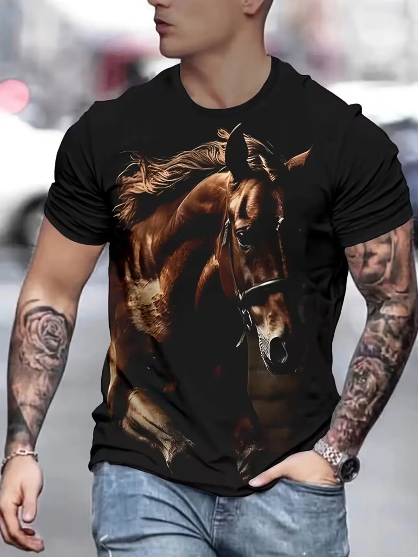 Men's Retro Style 3D Horse Print T-Shirt, Comfortable Polyester, Round Neck, Short Sleeve, Ideal for Summer Casual Wear