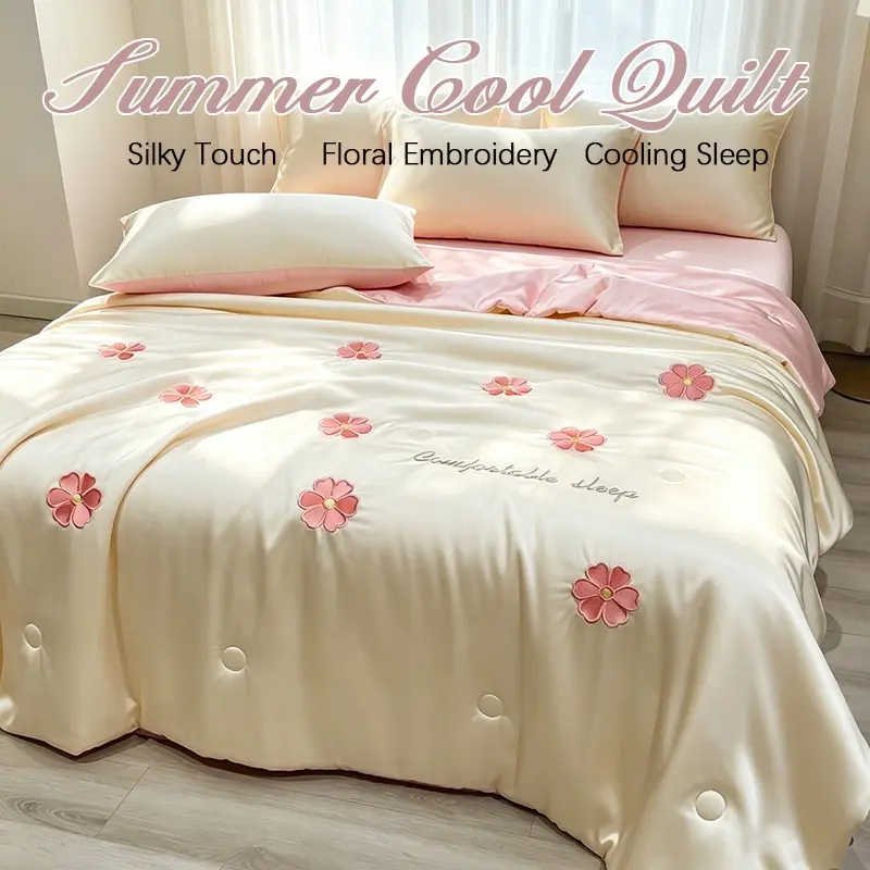 Peach Floral Embroidered Summer Quilt, Lightweight Cool Air Conditioning Blanket, Breathable Sweat-Wicking, Soft Single Layer, Home & Travel Use Cooling Quilt, Lightweight Breathable Bedding
