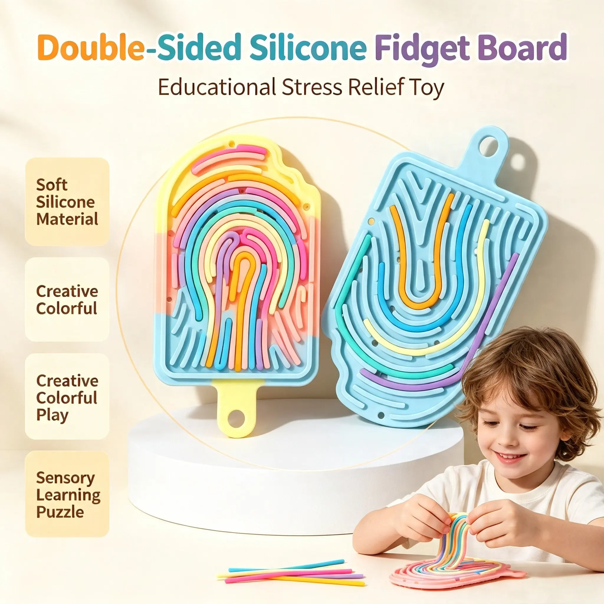 Double-Sided Silicone Fidget Sensory Board, Anxiety Relief Educational Puzzle Toy, Multi Shapes Ice Cream/Cube/Cloud, Perfect Holiday Gift for Halloween & Christmas, Sensory Tool