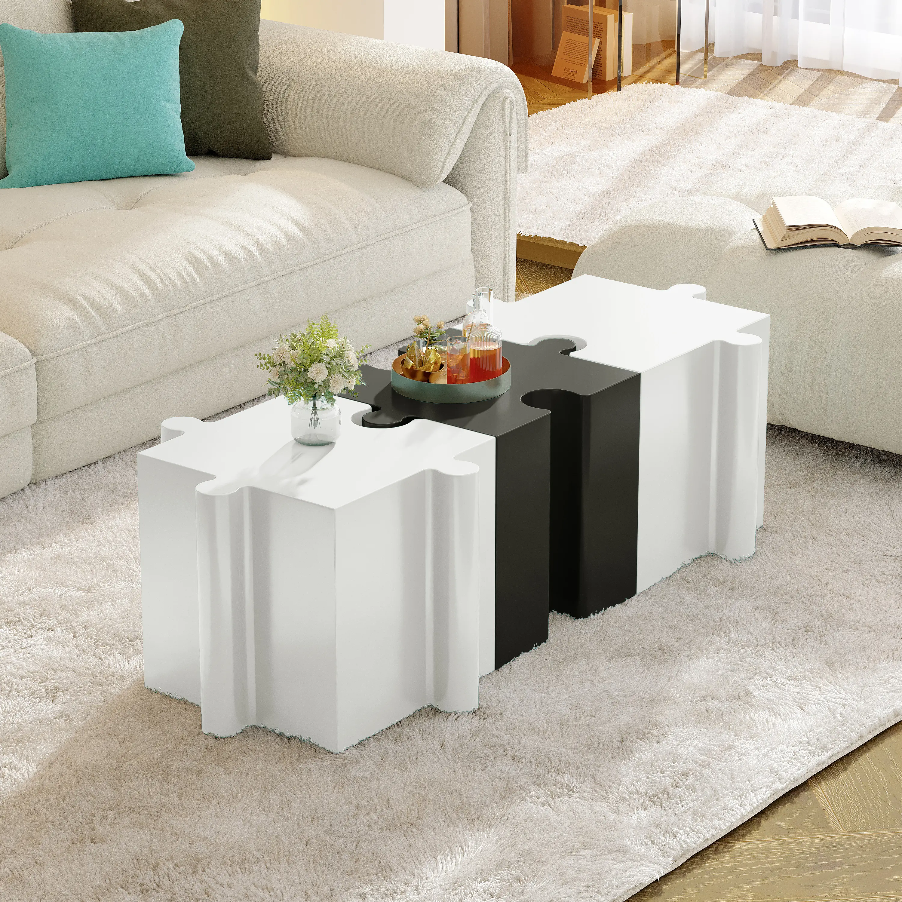 Nokaa 3-Piece Artistic Puzzle Table Set Modular MGO Side Tables Interlocking Design 2 Convex 1 Concave 200lb Capacity Indoor Outdoor White Black Color Living Room Patio Coffee End Table
