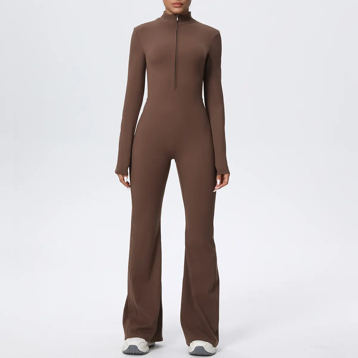 Women’s Half Zip Mock Neck Long Sleeve Yoga Jumpsuit, Cloud Soft Contour Support Flared One Piece Workout Bodysuit, High Stretch Athletic Onesie for Intense Training Pilates Daily Casual Outings
