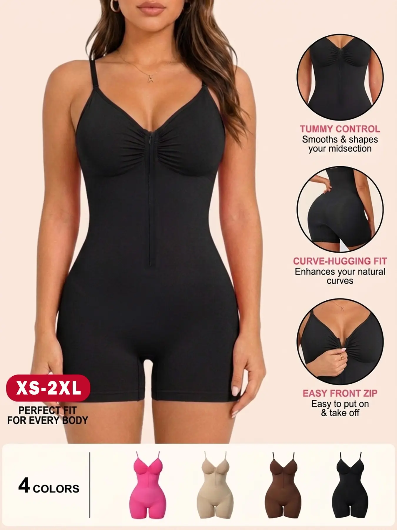 Women's Seamless Shapewear Romper, Front Zip Body Shaping Bodysuit Shorts with Adjustable Straps, Comfortable Curve Enhancing One Piece for Daily Wear