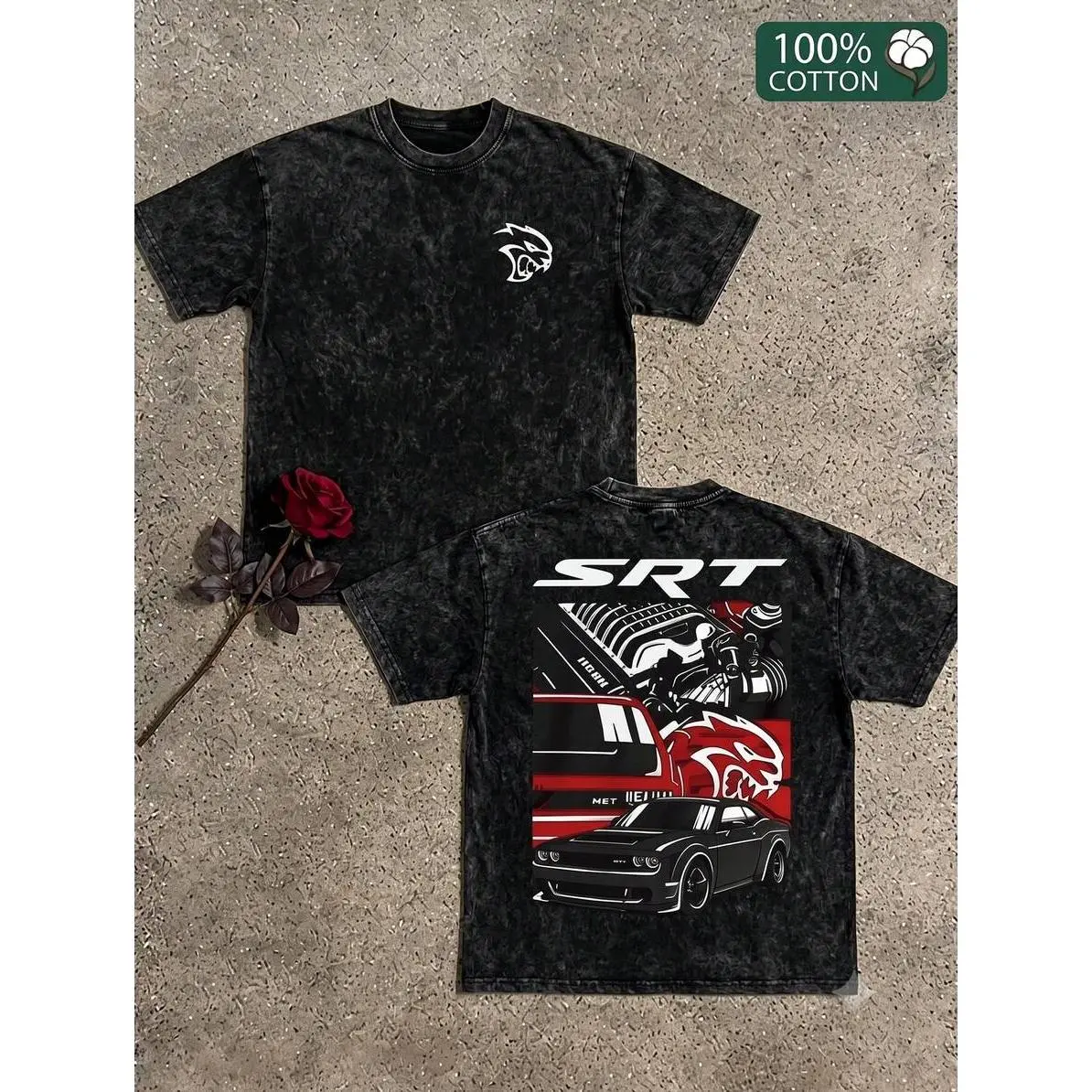 Men's Washed Graphic Print Short Sleeve Tee - Unisex Fit, SRT Hellcat Vehicle Collage Logo, Breathable Fabric, Car Guy Street Wear, Urban Daily Use Outfit