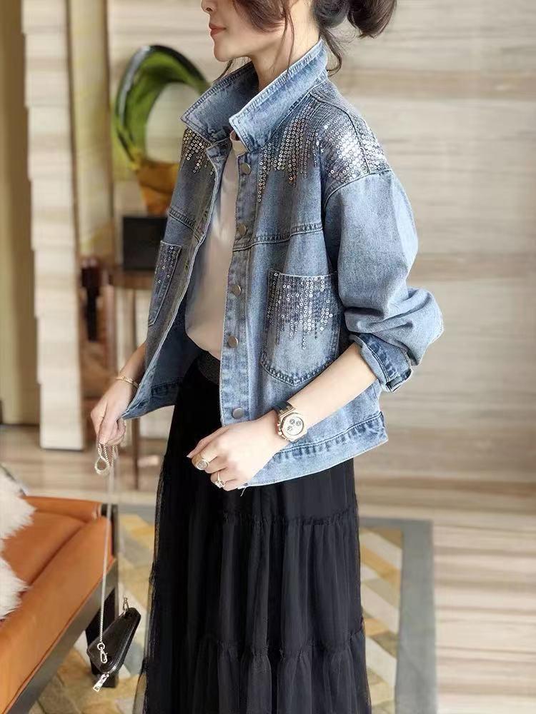 2026 Women's Sequined Denim Jacket Spring and Autumn Denim Coat Women's Jacket