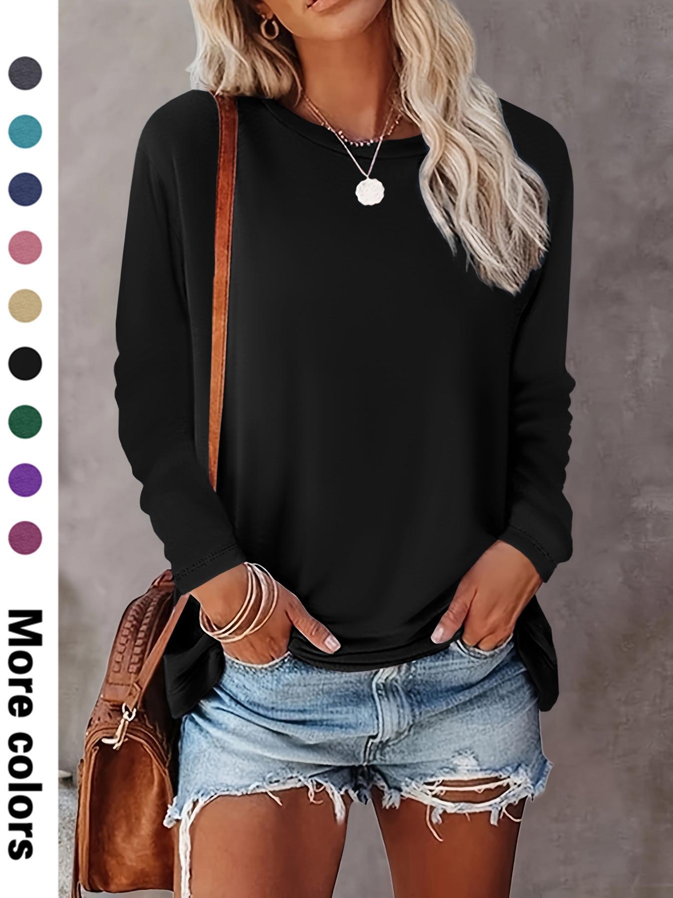Women's Plain Round Neck Essential Breathable Fabric Tee, Casual Fitted Long Sleeve Crew Neck T-shirt for Spring & Fall, Fashion Women's Top for Daily Wear Piece