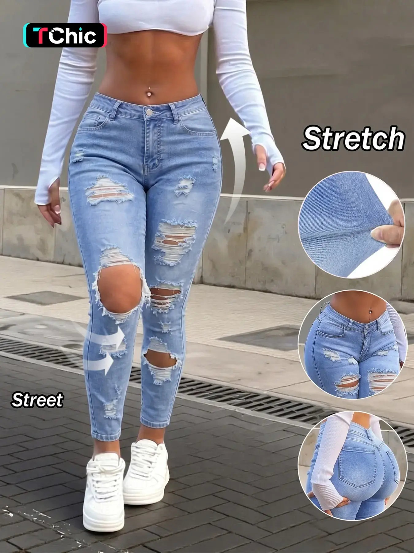 Spring Autumn Fashion Casual Streetwear Elegant Sexy Denim Ripped Elastic Tight Women's Skinny Long Pants, Versatile Daily Wear