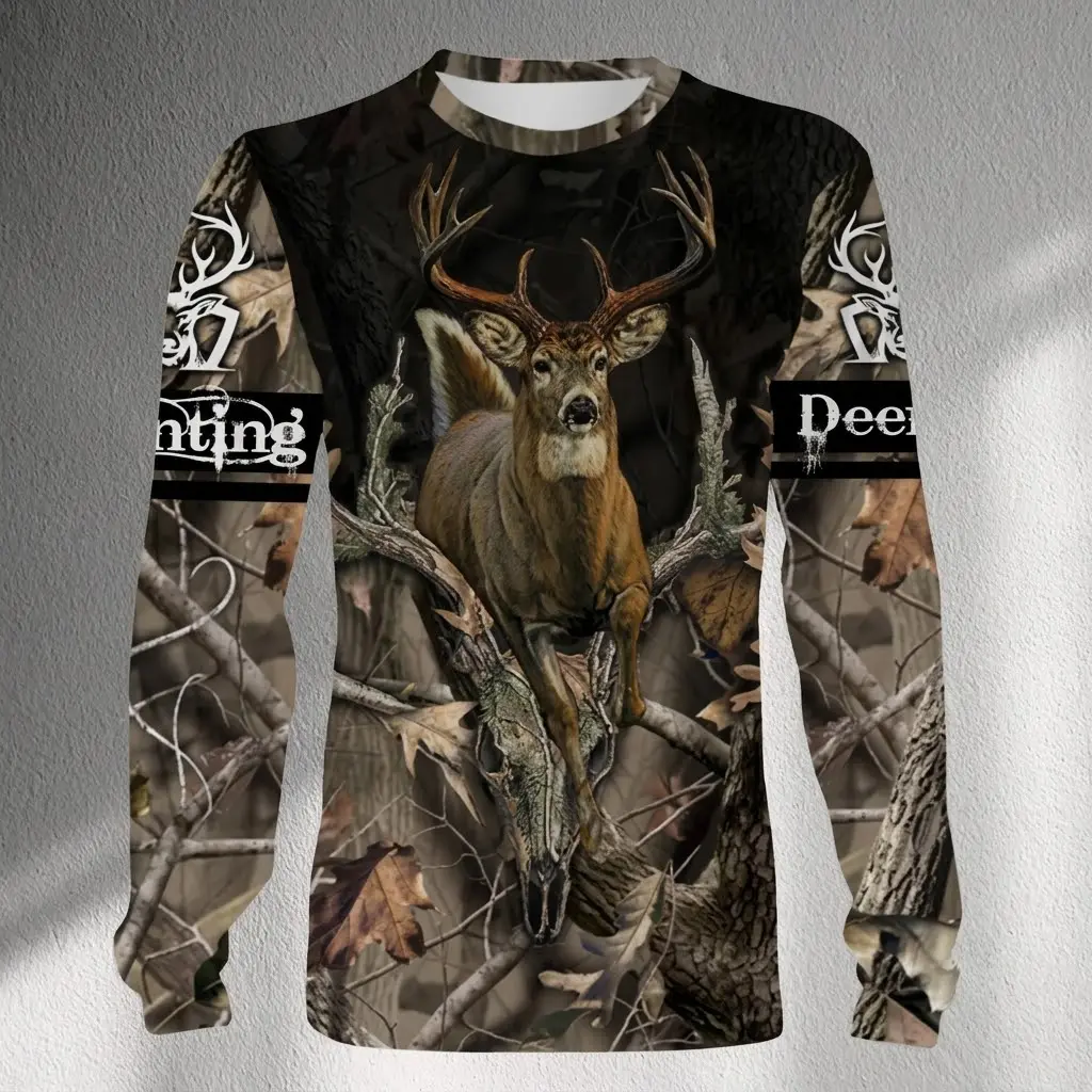 Deer Hunting Camo Long Sleeve Shirt Whitetail Buck Forest Graphic Outdoor Hunting Top For Men Women Hunters