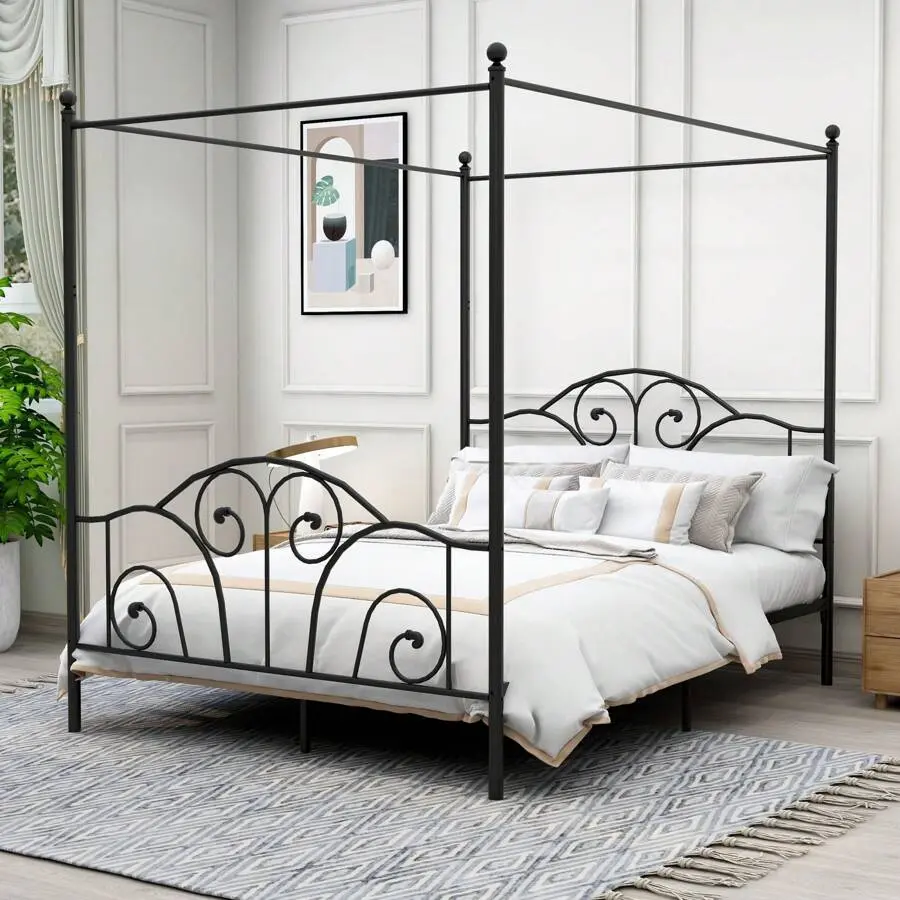 Four-Poster Metal Canopy Bed Frame With Headboard And Footboard Sturdy Slatted Structure No Box Spring Needed（Mattress Not Included）