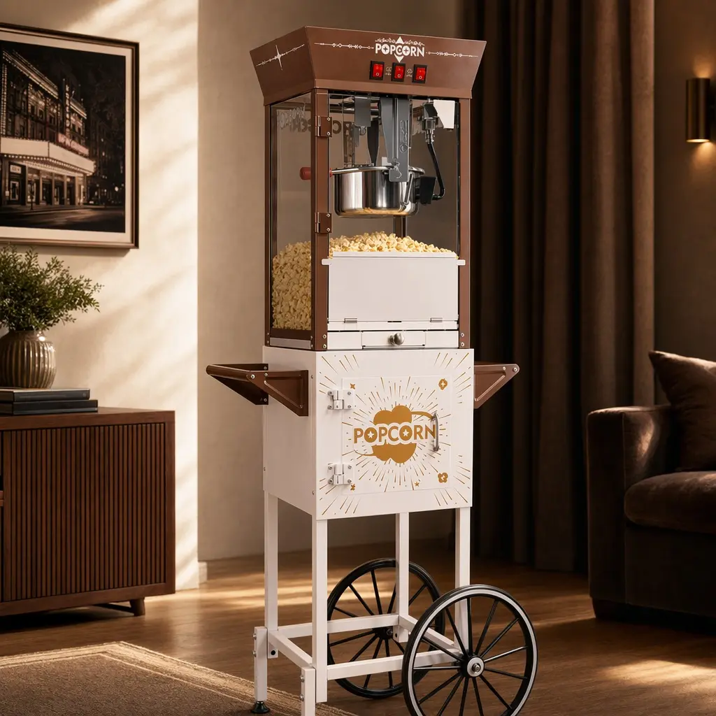 ARCH 12oz Retro Popcorn Machine with Rolling Cart, 3 Independent Control Switches & 3 Candy Boxes, Commercial Popcorn Maker for Theater Snack Bar, Stainless Steel, Brown + Antique White