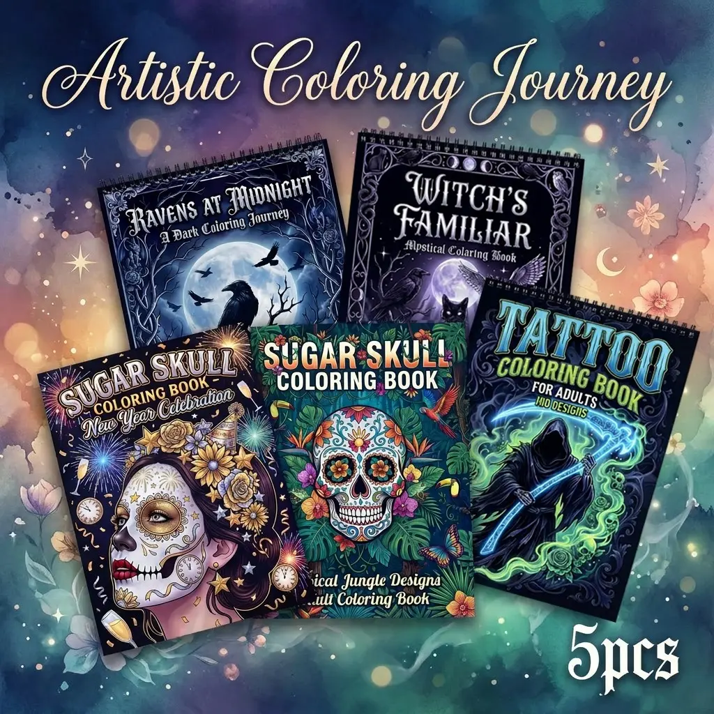 Adult Artistic Coloring Book - 5pcs with Sugar Skull Women, Witch's Familiar, Tattoo Themes - Beginner-Friendly, Vivid Designs on Thick Paper - Leisure Art, Creativity, Mindfulness Tool & Stress Relief - Perfect Gift for Christmas, Birthdays