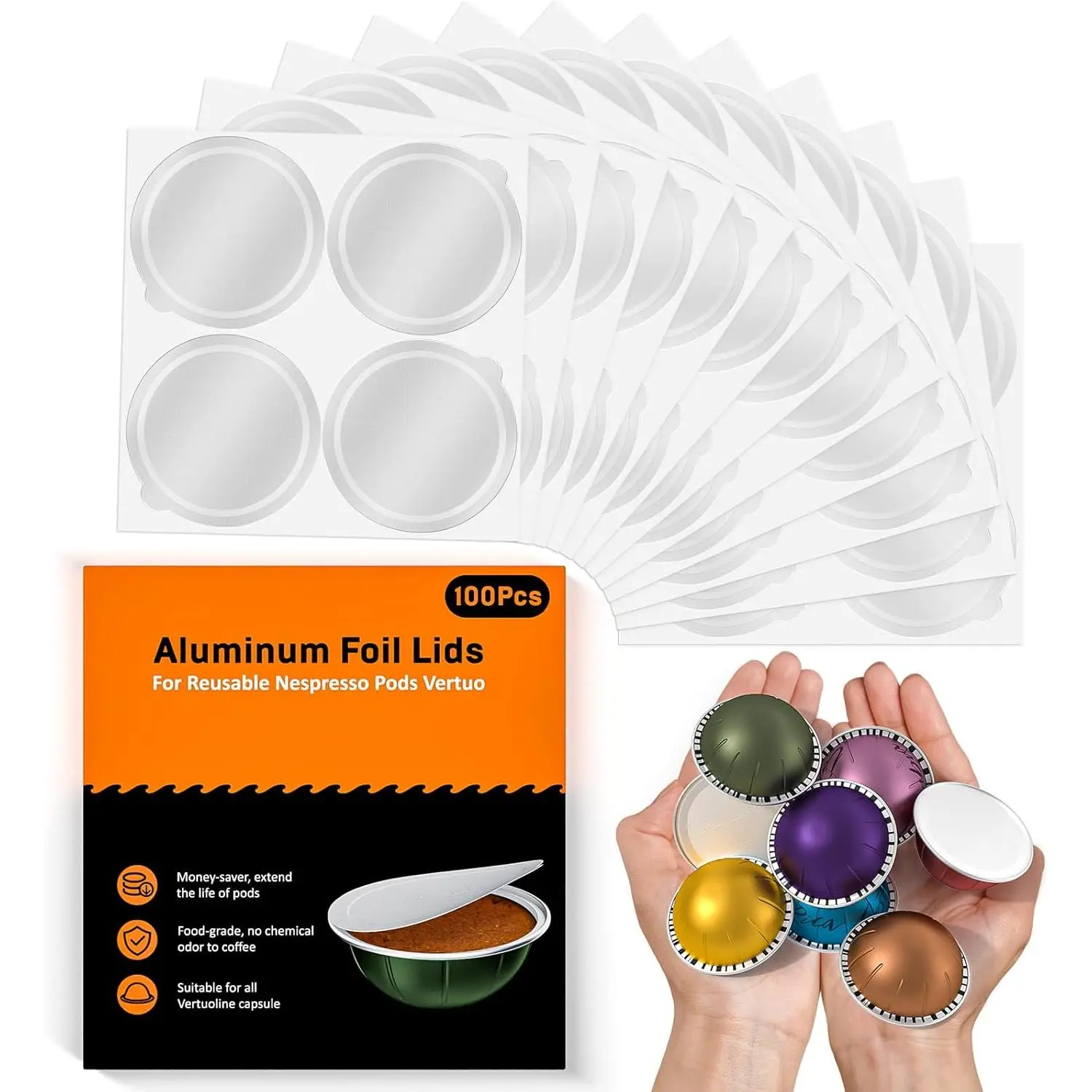 Round Airtight Seal Vertuo Pod Foil Covers, 100-Count Refill Caps, Easy-Refill, Compatible with Vertuo Espresso Coffee Machines for Coffee Lovers