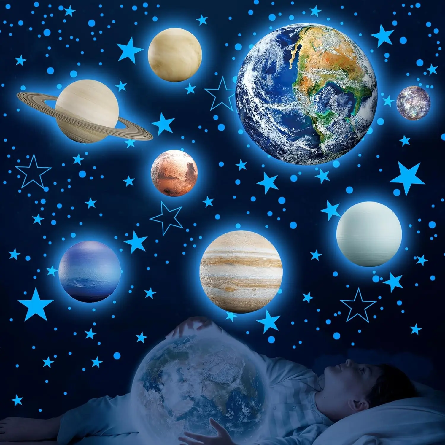 Glow in the Dark Solar System Wall Decals, Earth Stars Planets Stickers for Bedroom, Baby Nursery Ceiling Decoration (Blue)(Gift)