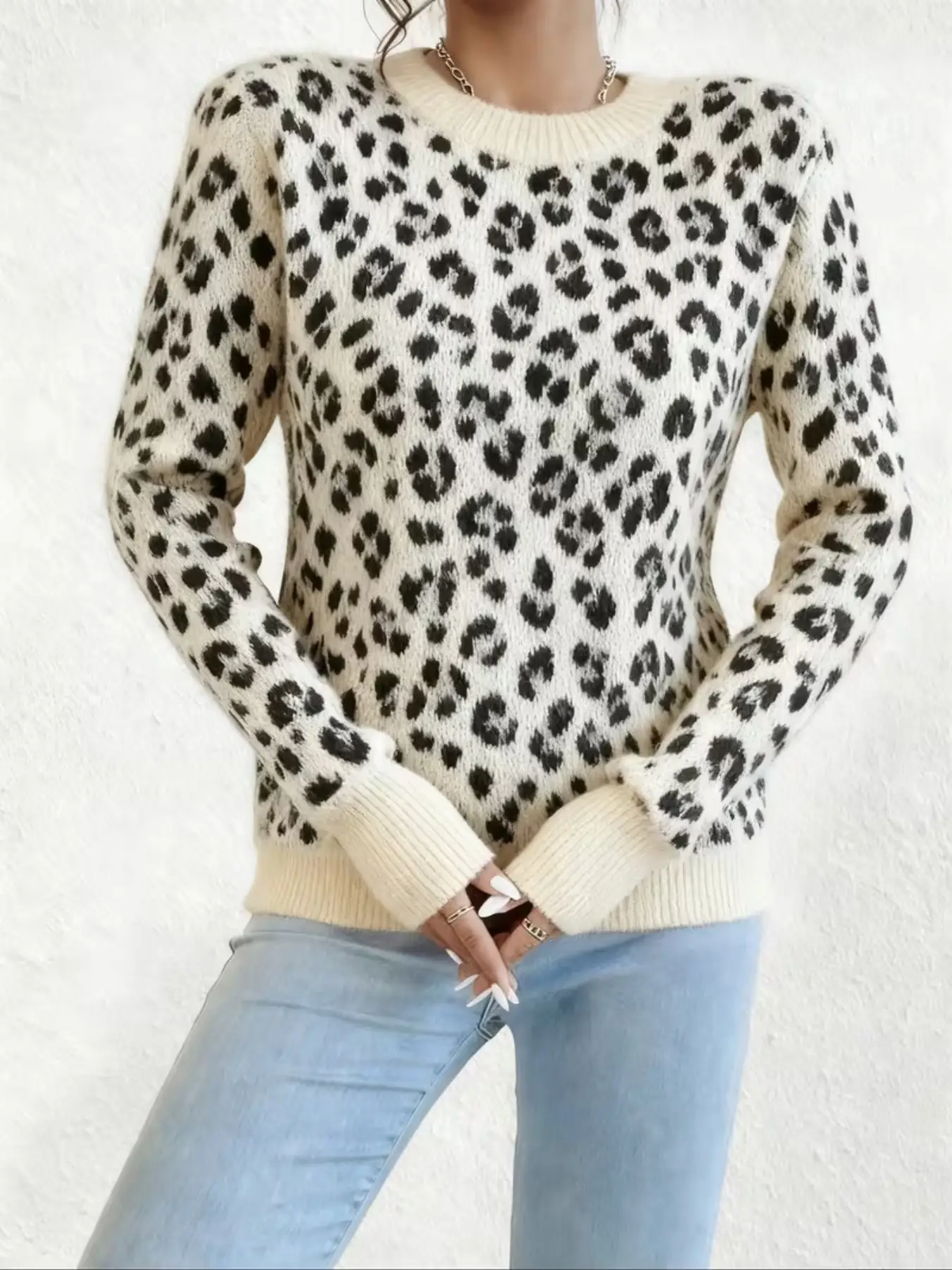Vintage Street Style Leopard Print Sweater, Chic Round Neck Long Sleeve Knit Top, Women's Fashionable Versatile Pullover