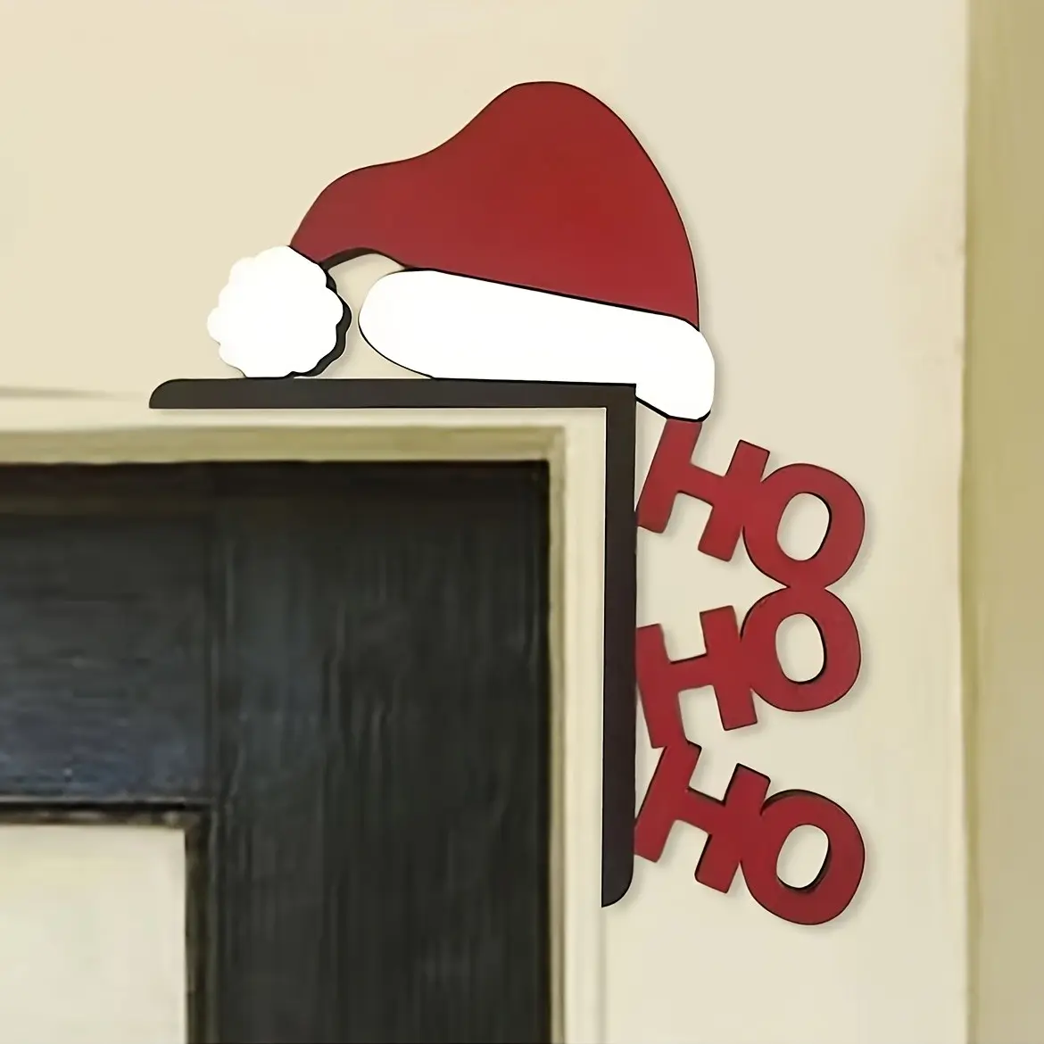 Christmas Door Corner Decor, Wooden Door Frame Topper with Santa Hat and 'ho Ho Ho' Sign, Festive Indoor Holiday Party Decoration