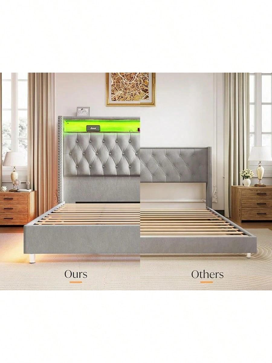 Queen/King Size Velvet Upholstered Platform Bed With Wingback Design, Integrated LED Lights, Charging Station, And Under-Bed Motion Sensor Lighting – No Box Spring Required, Built-In Storage, Black