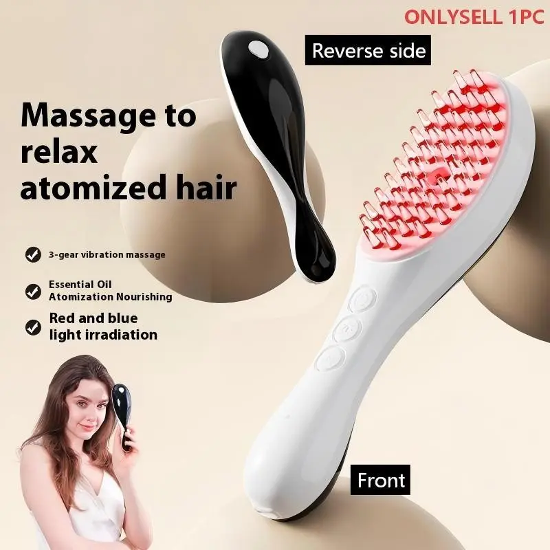 Electric massage comb, hairdressing massage comb.Type-C fast charging (including 180mAh lithium battery).Multi-gear adjustment.Red and blue double light + essential oil mist nourishing + 3d vibration.Compact and portable.Suitable for families and professi