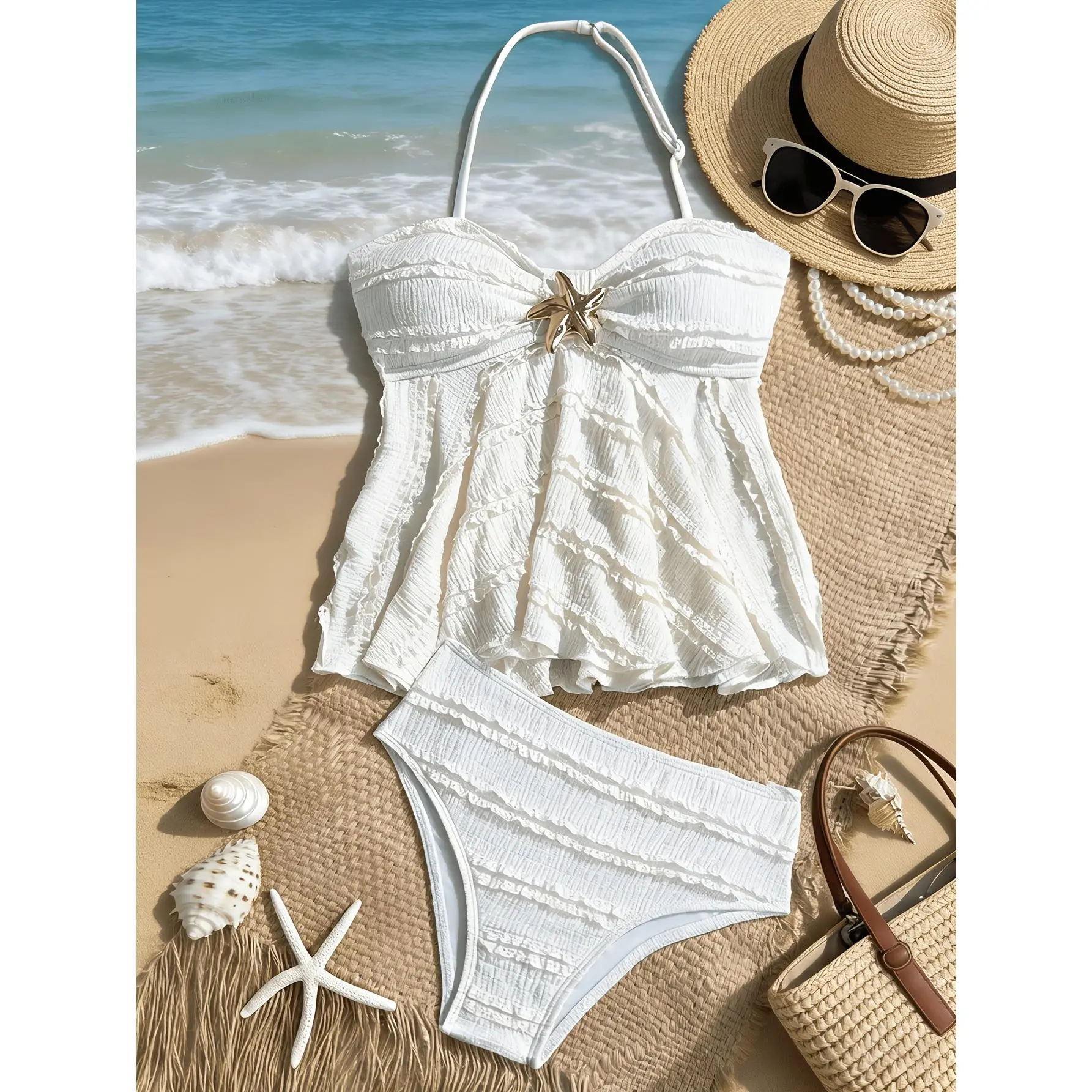 QY Girls' 2-Piece Fish Star Tankini Suit - Tummy Control Ruffled Hem Swimsuits, Polyester Blend Cold Wash Multi-Size Beach Wear for 7-16 Years Old Teens & Tweens, Swimsuits Tummy Control